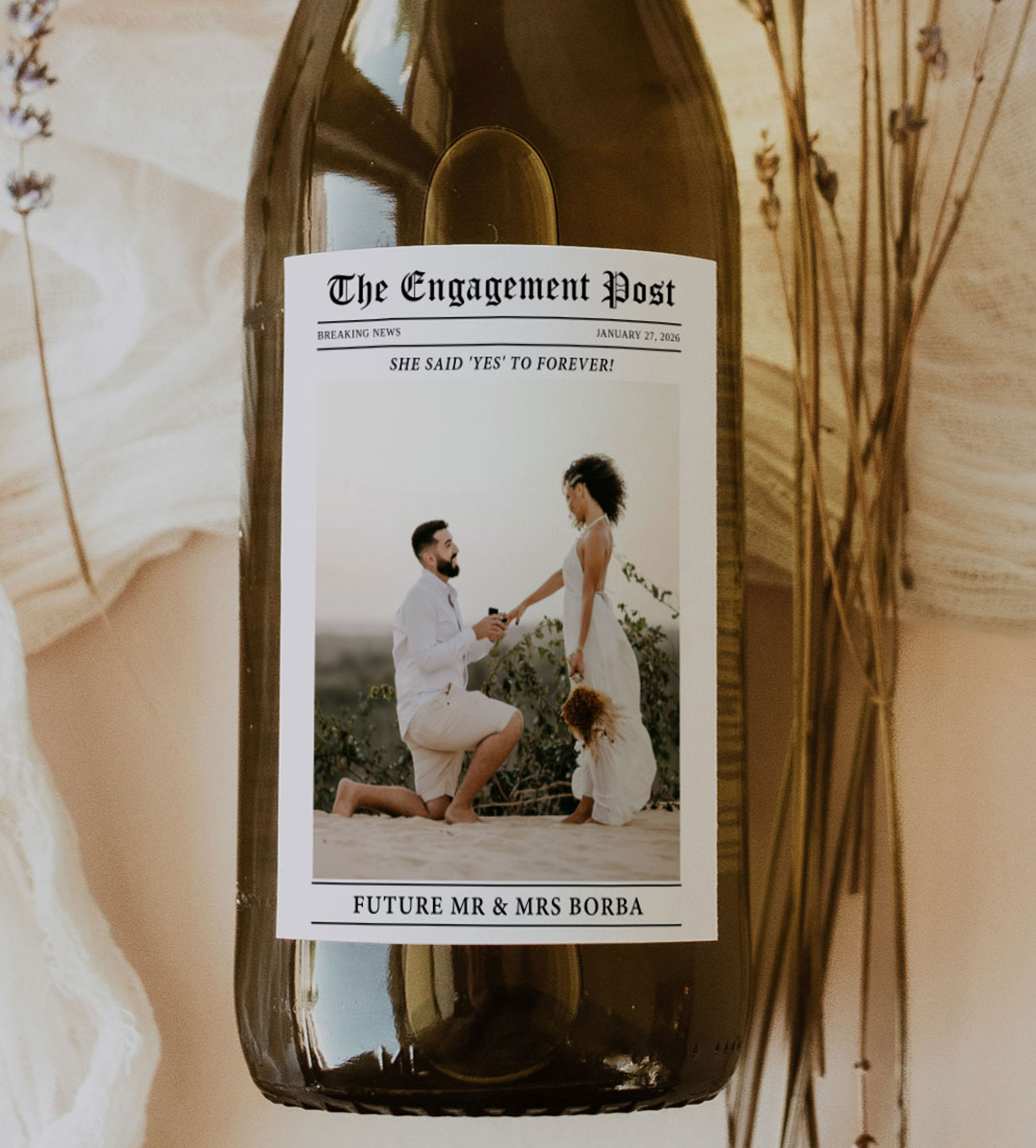 Newspaper Engagement Reveal DIY Printable Wine Label